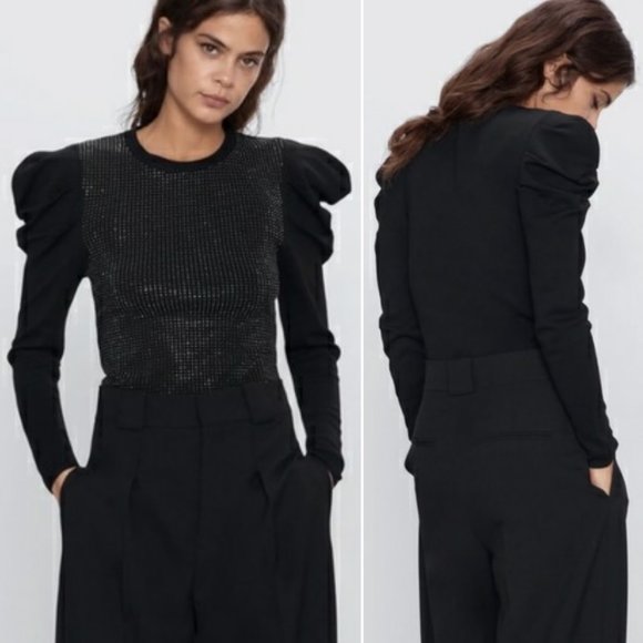 Zara Sweaters - NWOT ZARA Sweater, Black Cropped Rhinestones, S